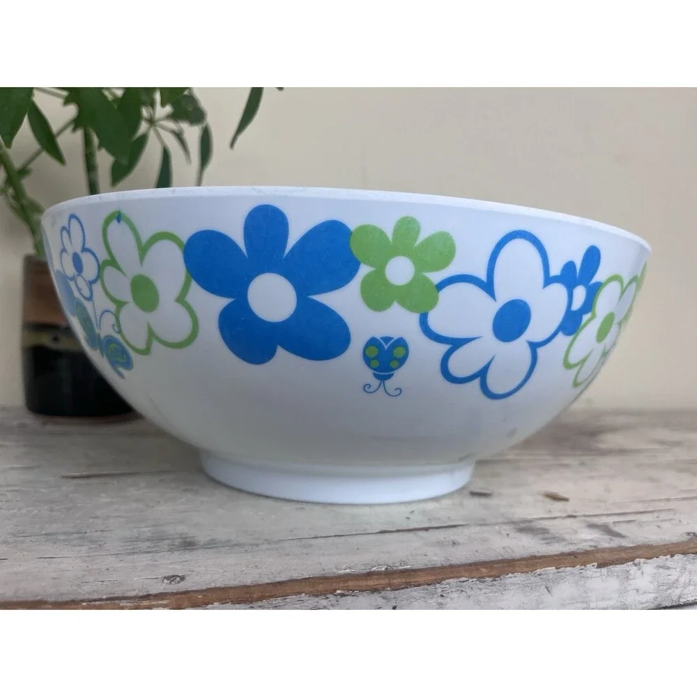 Vintage Whimsical Serving Bowl 70’s Vibe Butterflies Flowers Ladybugs 10” Retro